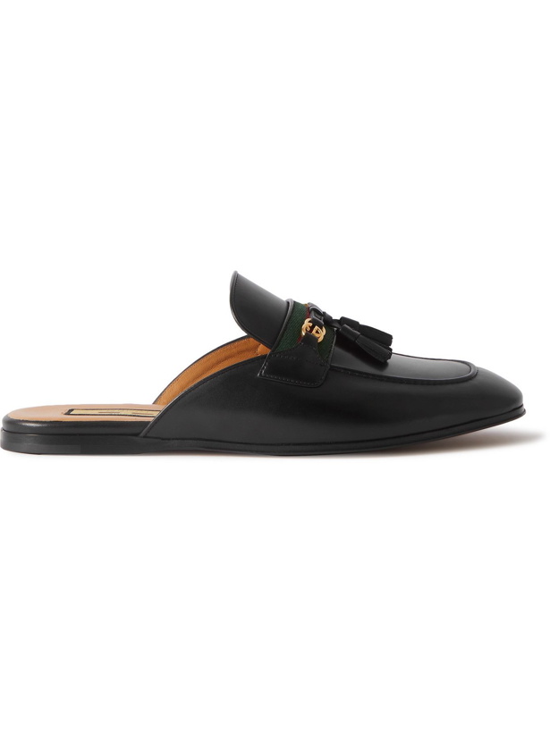 Photo: GUCCI - Webbing-Trimmed Leather Tasselled Backless Loafers - Black
