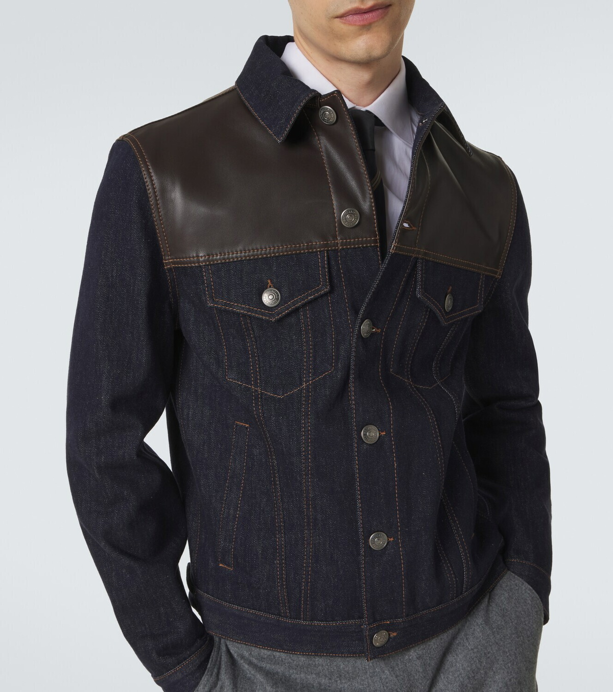 Brunello Cucinelli Leather-paneled denim jacket