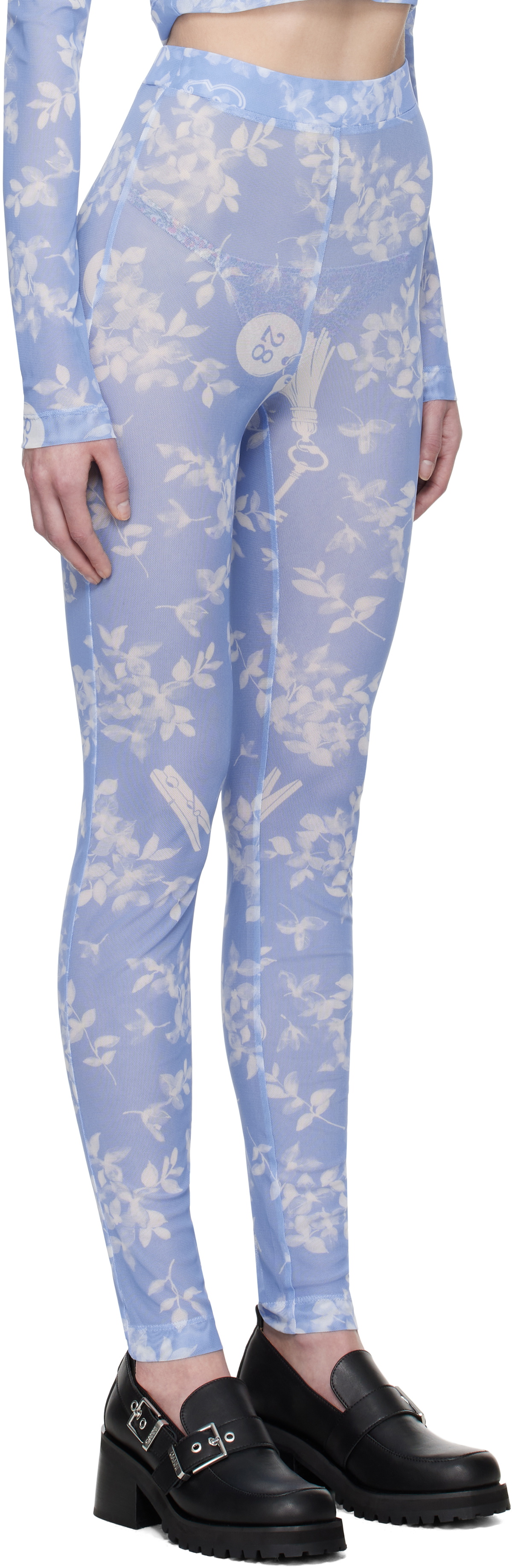 Moschino Jeans Blue Floral Print Mesh Leggings