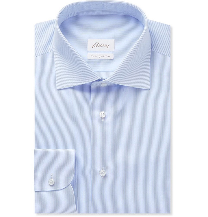 Photo: Brioni - Light-Blue Pinstriped Cotton-Poplin Shirt - Men - Blue