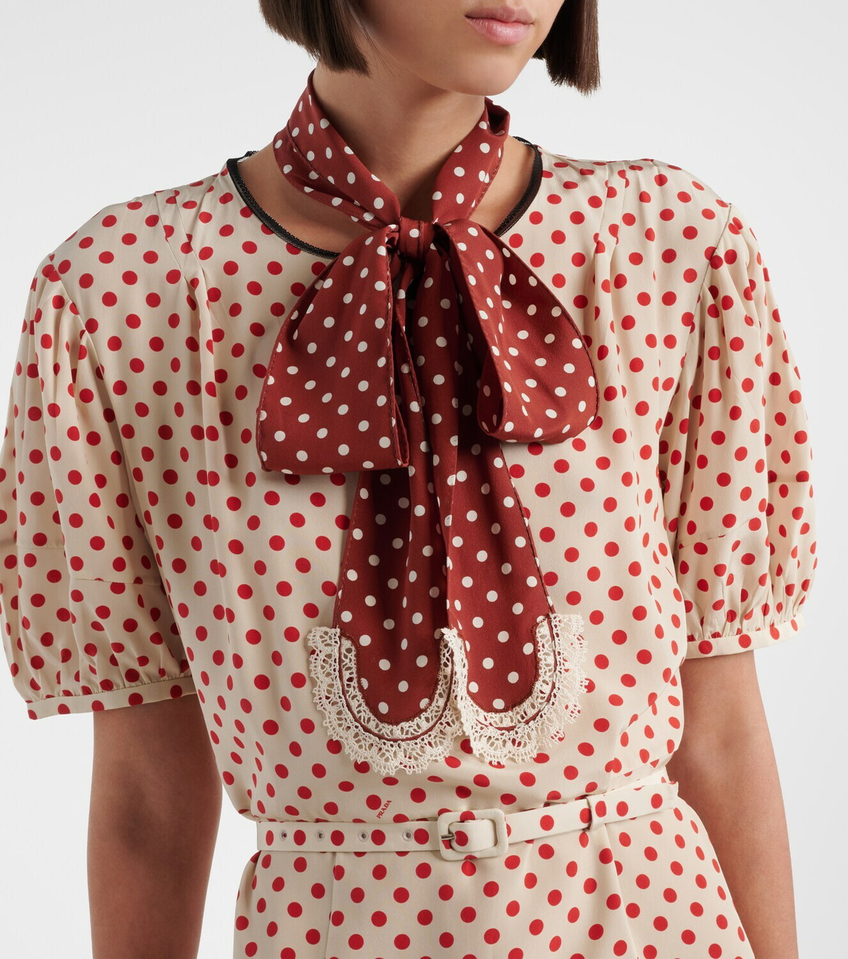Prada Scarf-detail polka-dot silk midi dress