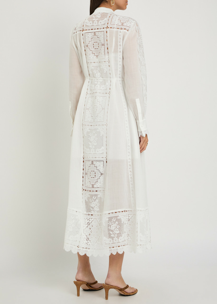Zimmermann Aster Embroidered Belted Ramie Midi Dress Ivory
