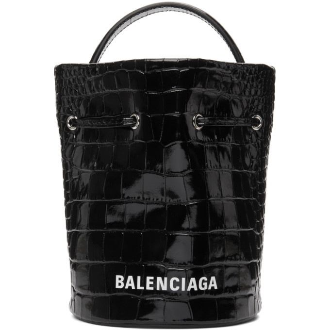 Balenciaga Black & White Crocodile and Leather Mini Bucket Bag at