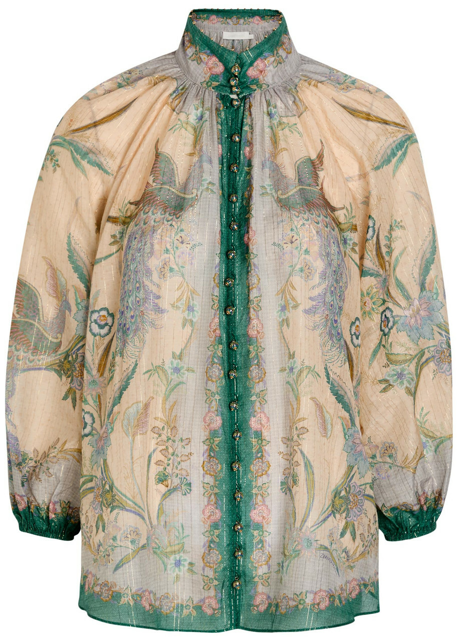Zimmermann Indra Printed Metallic Cotton and Silk-blend Blouse Cream
