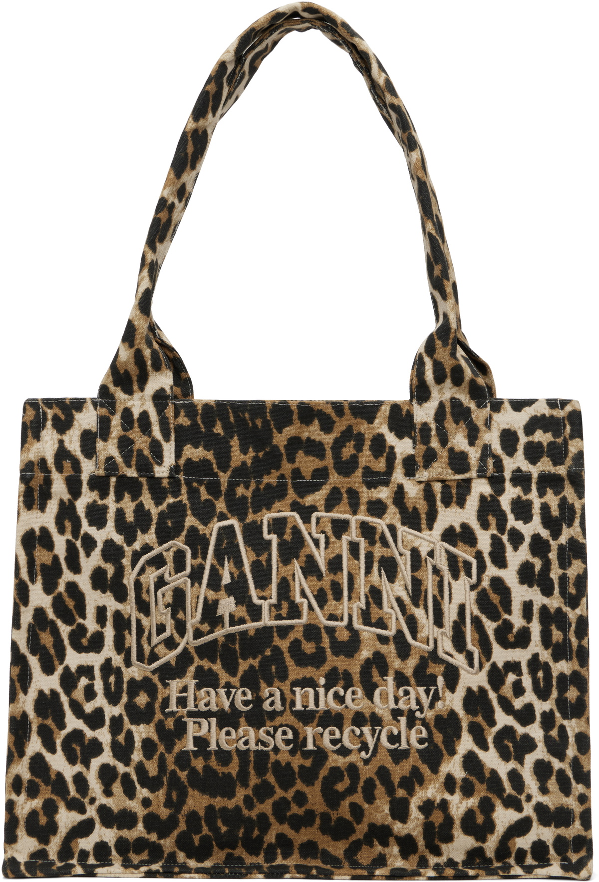 GANNI Beige Leopard-Print Canvas Tote