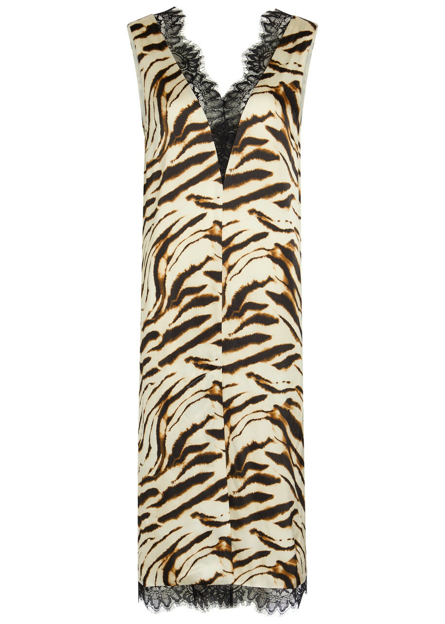 Ganni Printed Lace-trim Satin Midi Dress White