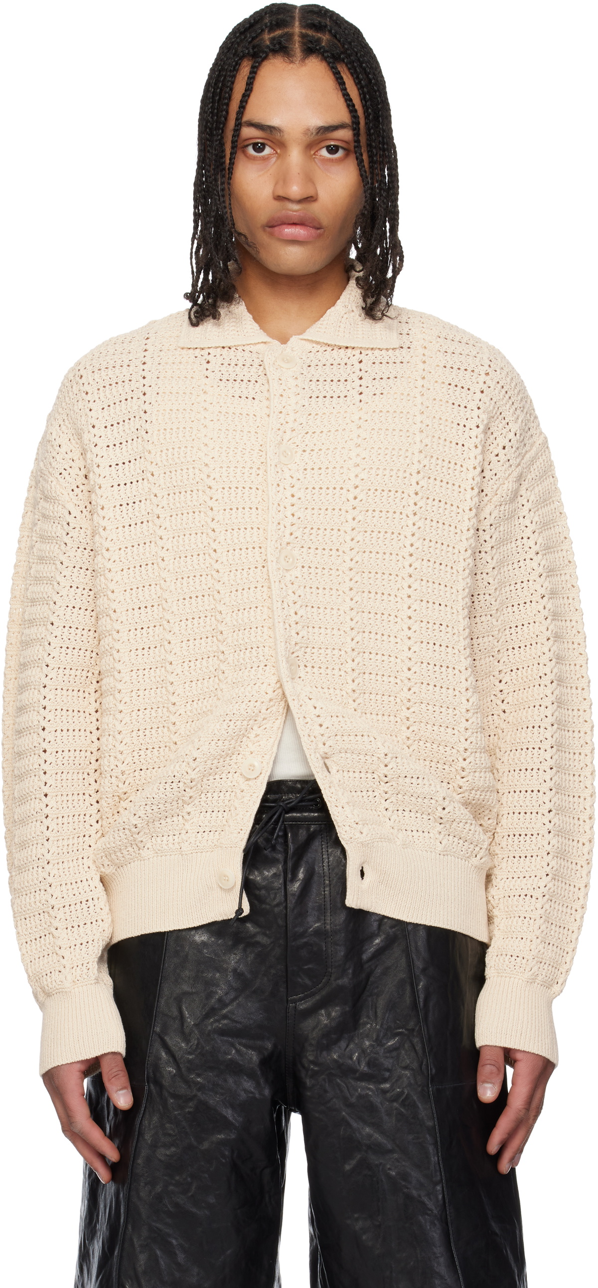 COOR Beige Semi-Overfit Cotton Crochet Cardigan