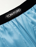 TOM FORD - Velvet-Trimmed Stretch-Silk Satin Pyjama Trousers - Blue