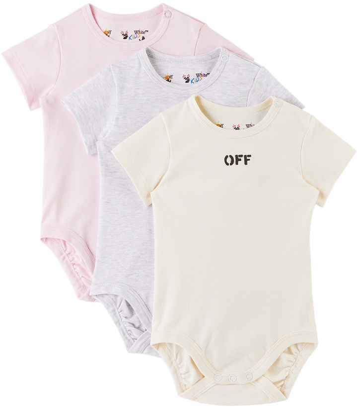 Photo: Off-White Baby Three-Pack Multicolor Stamp Bodysuits