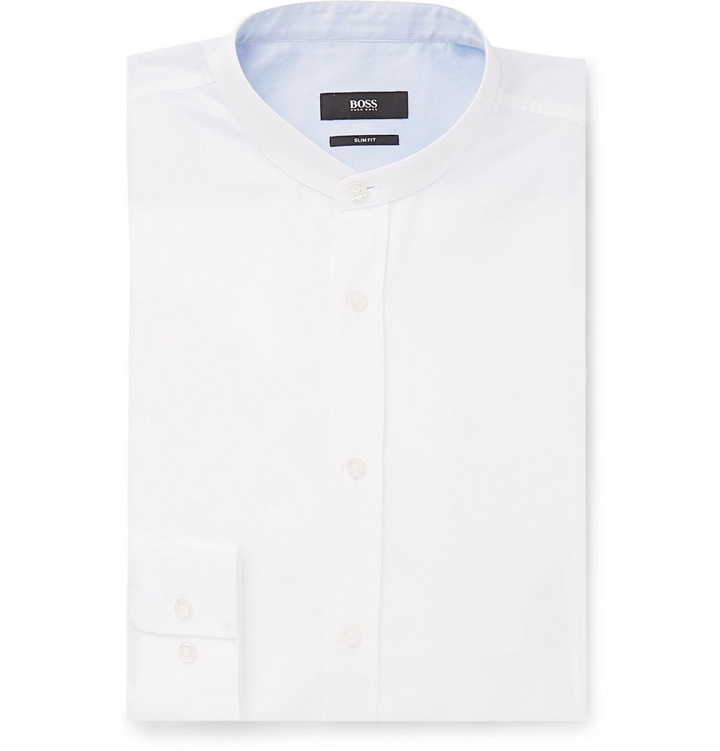 Photo: Hugo Boss - Jowis White Slim-Fit Grandad-Collar Cotton-Piqué Shirt - White