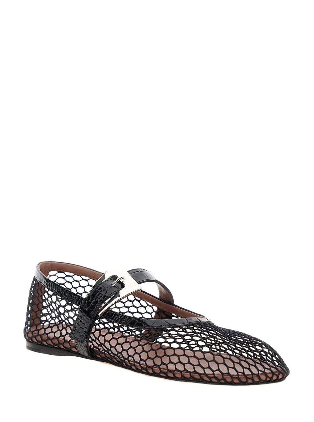 Paris Texas sveva Black Ballet Flats With Mesh Design And Buckle Closure In Fabric And Leather Woman
