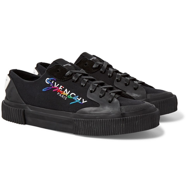 Photo: Givenchy - Embroidered Logo-Print Rubber and Suede-Trimmed Canvas Sneakers - Black