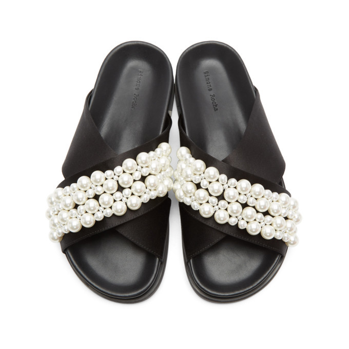 Simone Rocha Black Satin Beading Slides Simone Rocha