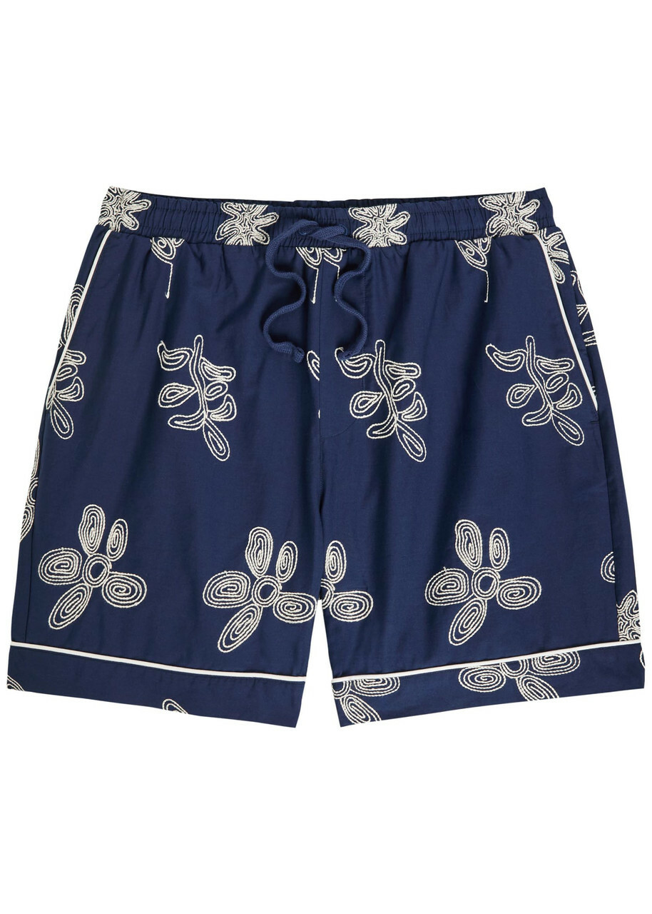 Che Flores Floral-embroidered Cotton Shorts Navy
