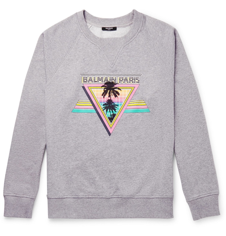 Photo: Balmain - Printed Mélange Loopback Cotton-Jersey Sweatshirt - Gray