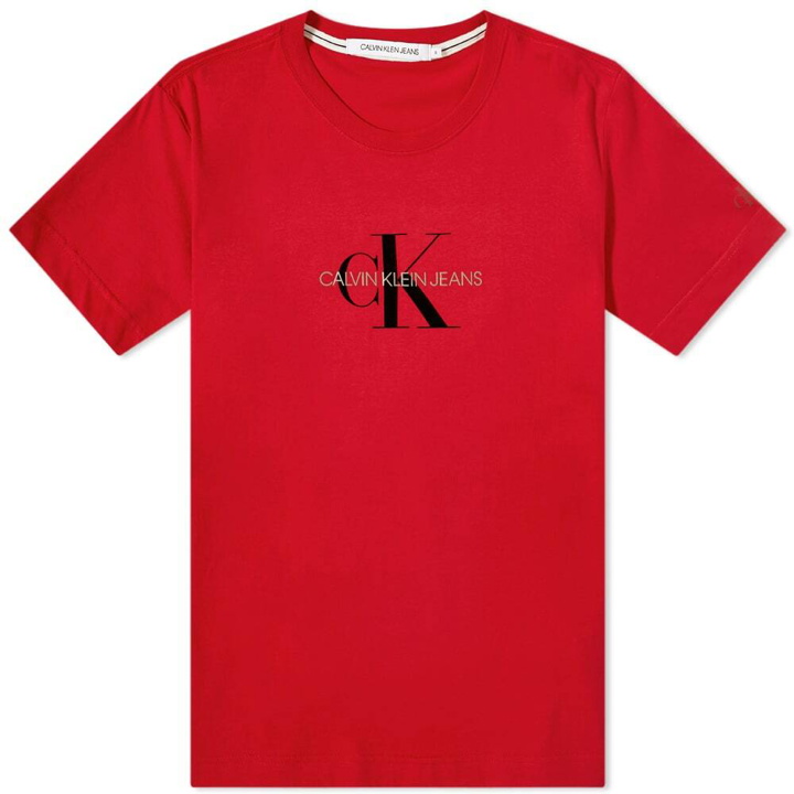 Photo: Calvin Klein Men's Archival Monogram Flock T-Shirt in Red