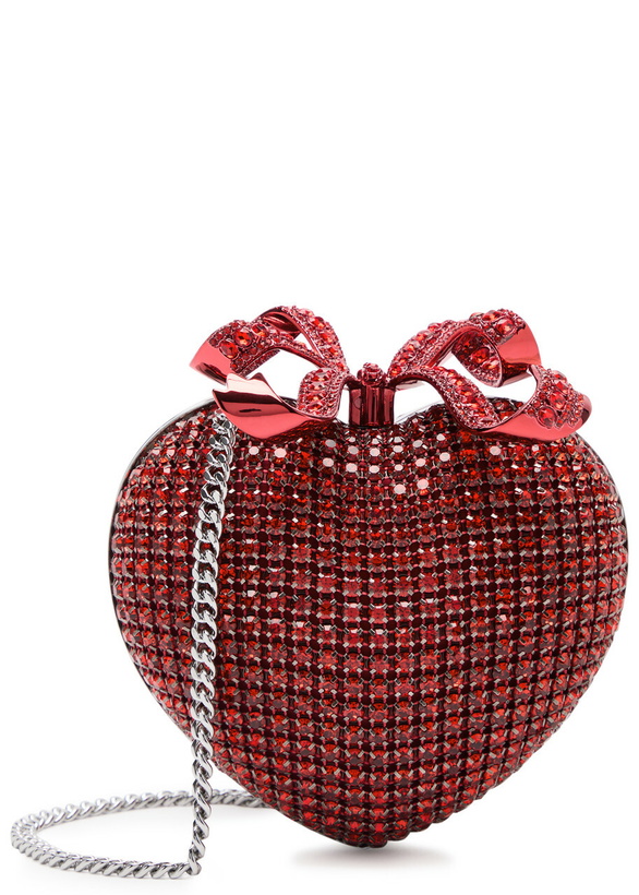 Photo: Self-portrait Heart Crystal-embellished Satin Clutch - Red - One Size