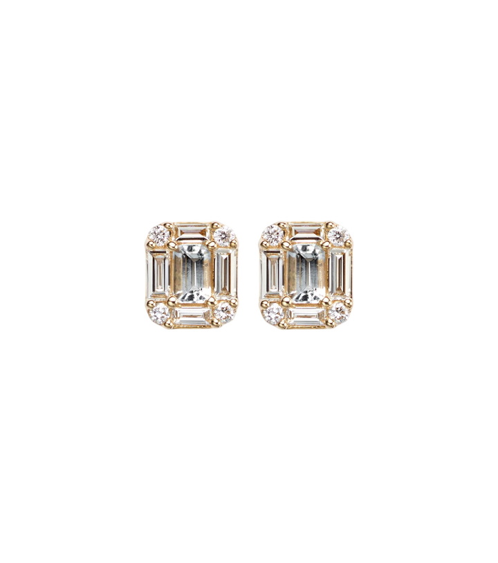 Photo: Stone and Strand Shield Of Strength 14kt gold earrings with diamonds and aquamarine