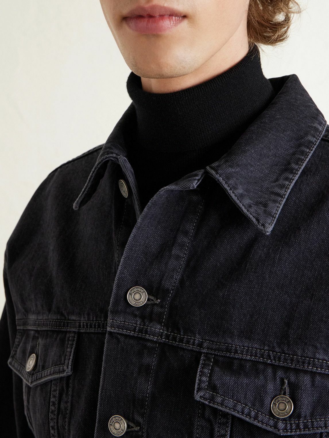 SAINT LAURENT - Leather-Trimmed Denim Trucker Jacket - Black
