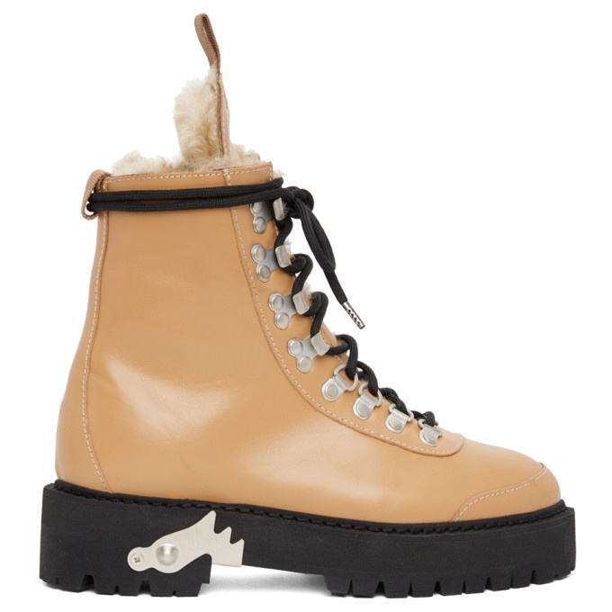 Meander Stramme Fejlfri Off-White Beige Shearling and Leather Hiking Boots Off-White