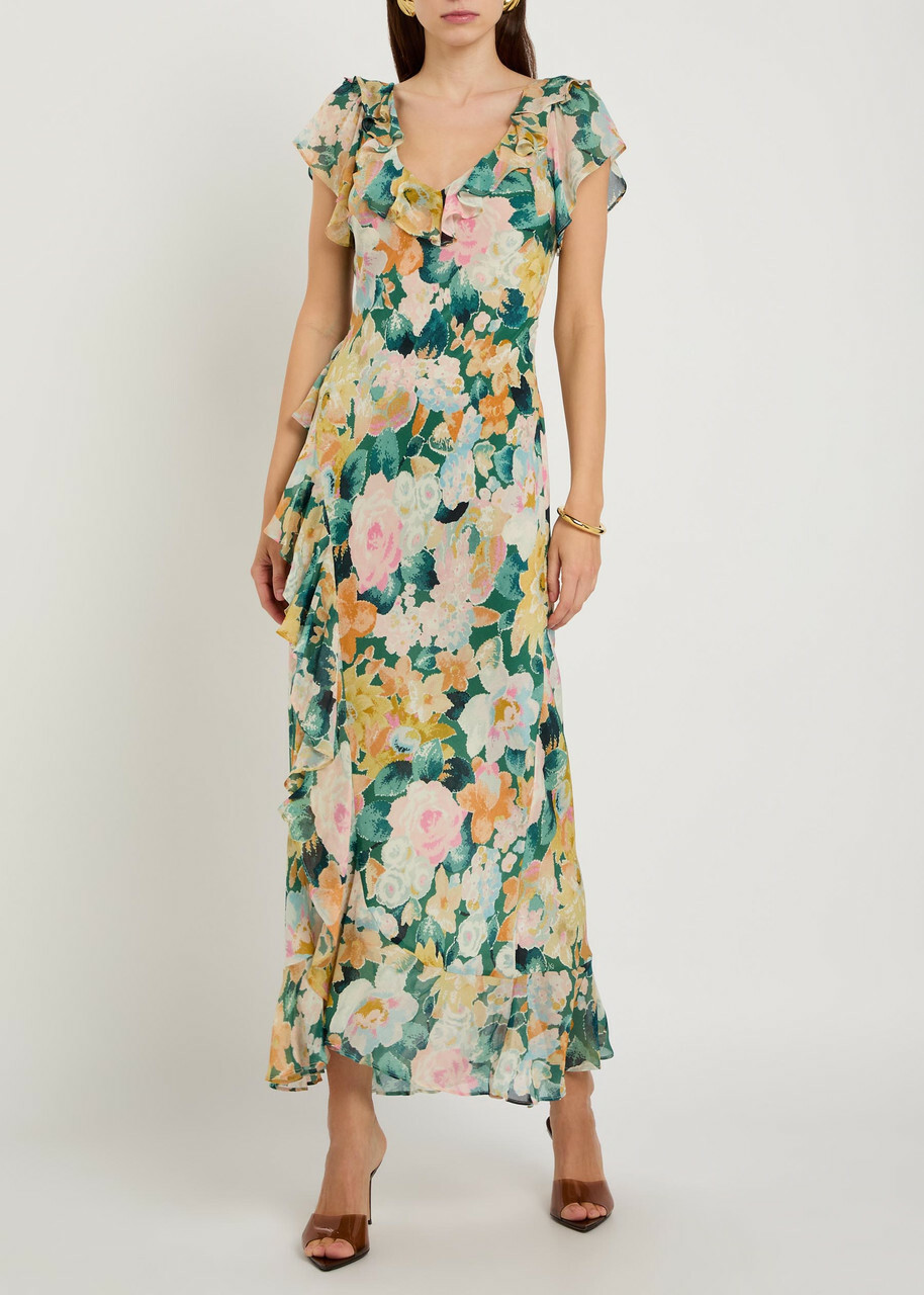 Rixo Meadow Floral-print Silk Midi Dress Green
