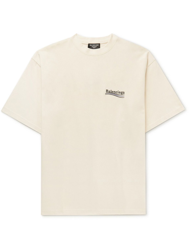 Photo: Balenciaga - Oversized Logo-Embroidered Cotton-Jersey T-Shirt - Neutrals