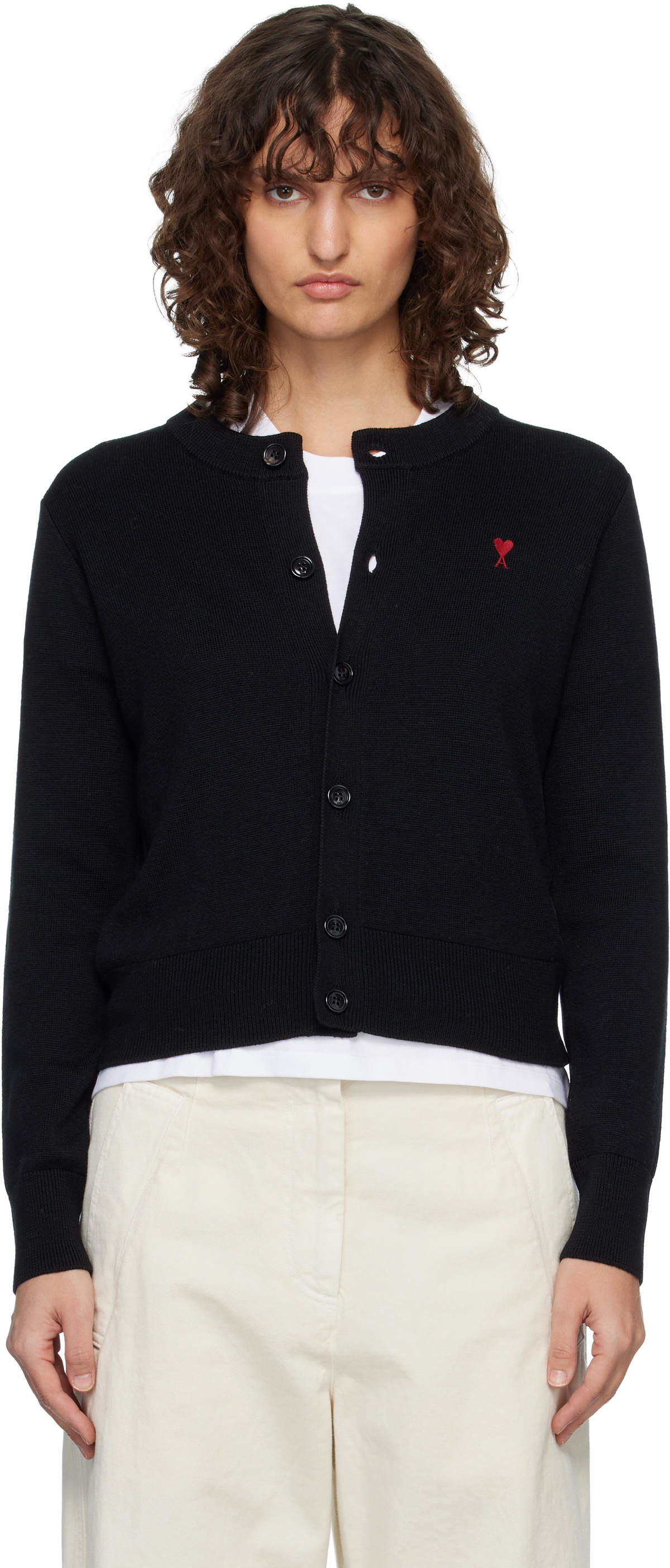 AMI Paris Black Wool Crewneck Ami de Coeur Cardigan