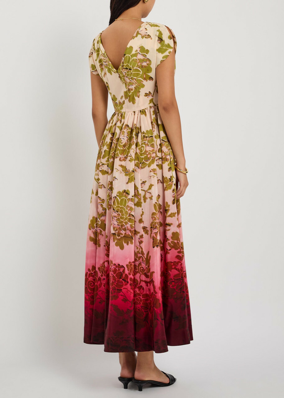 LA Double J Waldorf Printed Smocked Silk Midi Dress Red
