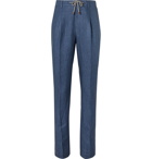 Brunello Cucinelli - Tapered Herringbone Linen Drawstring Suit Trousers - Blue