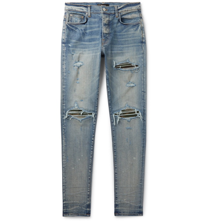 Photo: AMIRI - MX1 Skinny-Fit Panelled Distressed Stretch-Denim Jeans - Blue