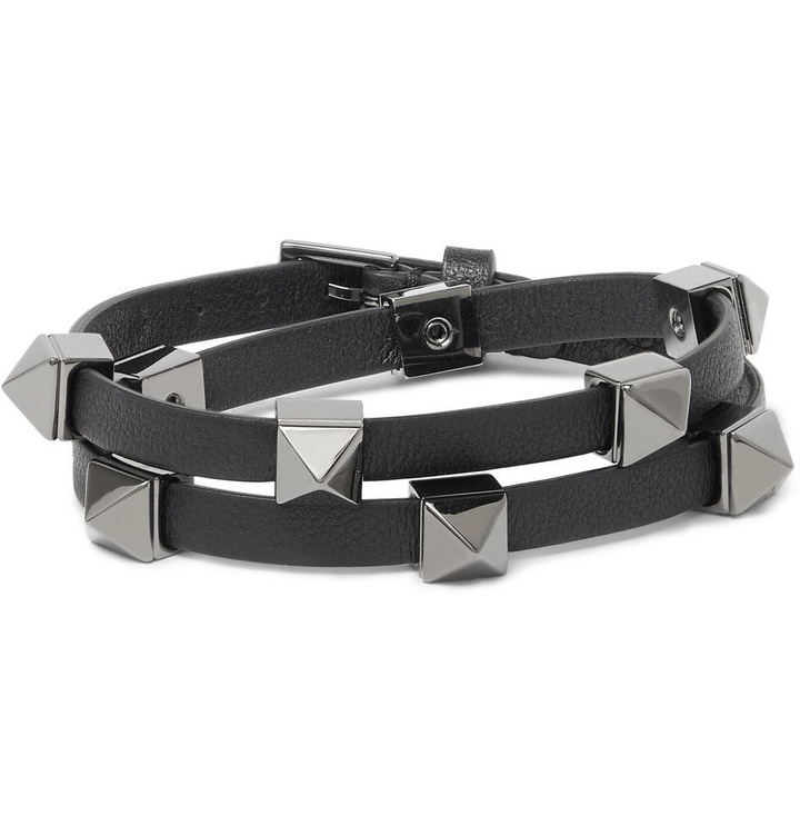 Photo: Valentino - Valentino Garavani Rockstud Leather and Ruthenium Wrap Bracelet - Black