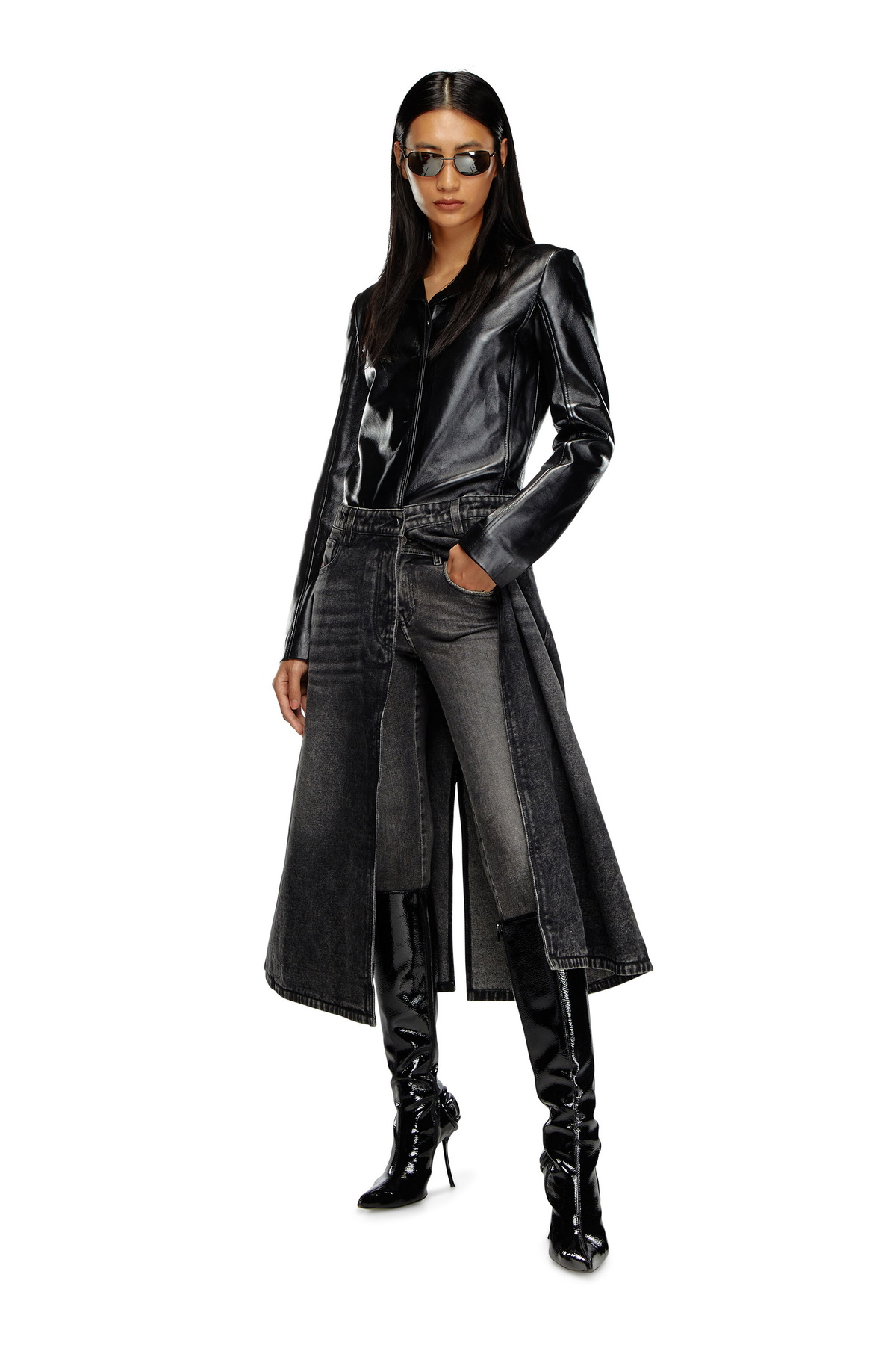Diesel Hybrid coat in denim and leather - Leather jackets Womens 