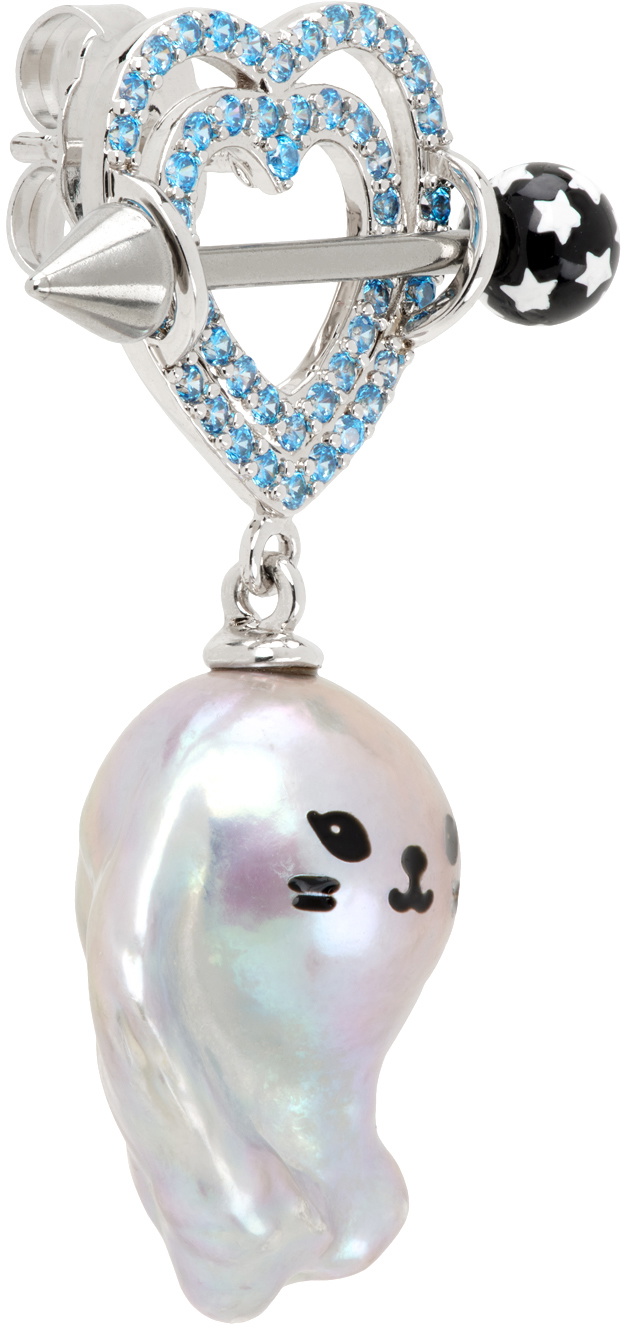 JIWINAIA Silver & Blue Kitten Baroque Pearl Single Earring