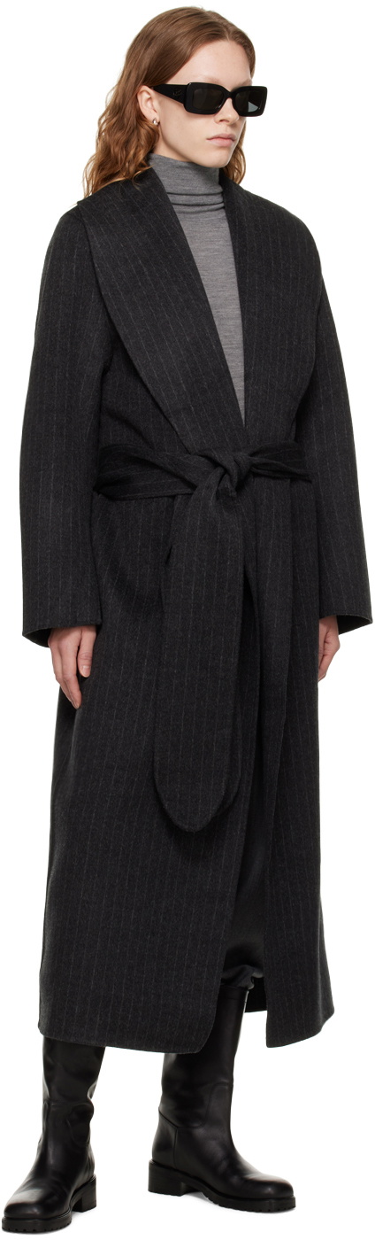 Totême Gray Pinstripe Robe Coat Toteme