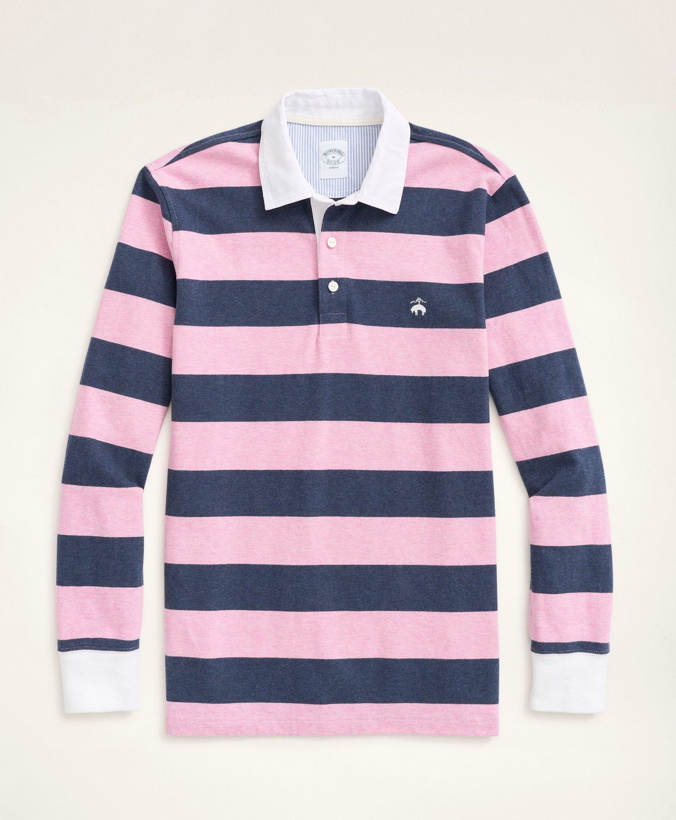 Photo: Brooks Brothers Men's Lightweight Striped Rugby Shirt | Pink/Blue