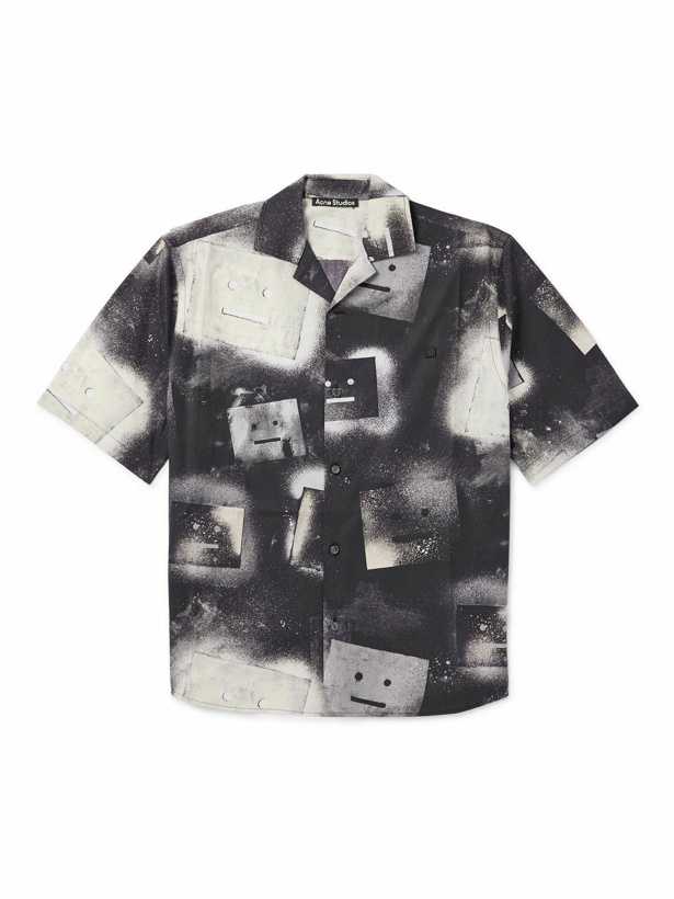 Photo: Acne Studios - Sarlino Spray Camp-Collar Logo-Print Appliquéd Cotton-Poplin Shirt - Gray