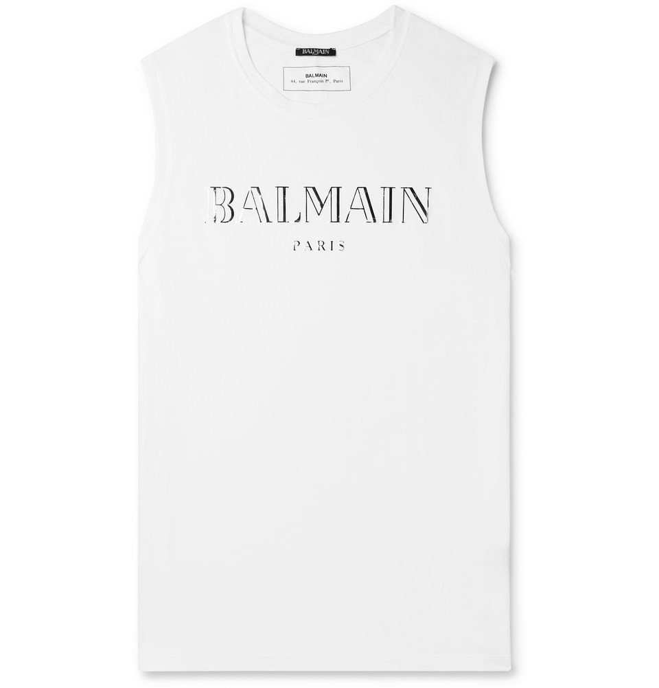Balmain - Metallic Logo-Print Cotton-Jersey Tank Top - Men - White Balmain