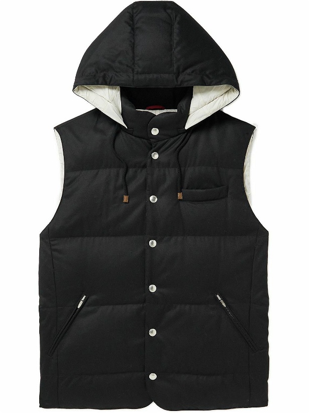 Photo: Brunello Cucinelli - Quilted Wool-Flannel Hooded Down Gilet - Black
