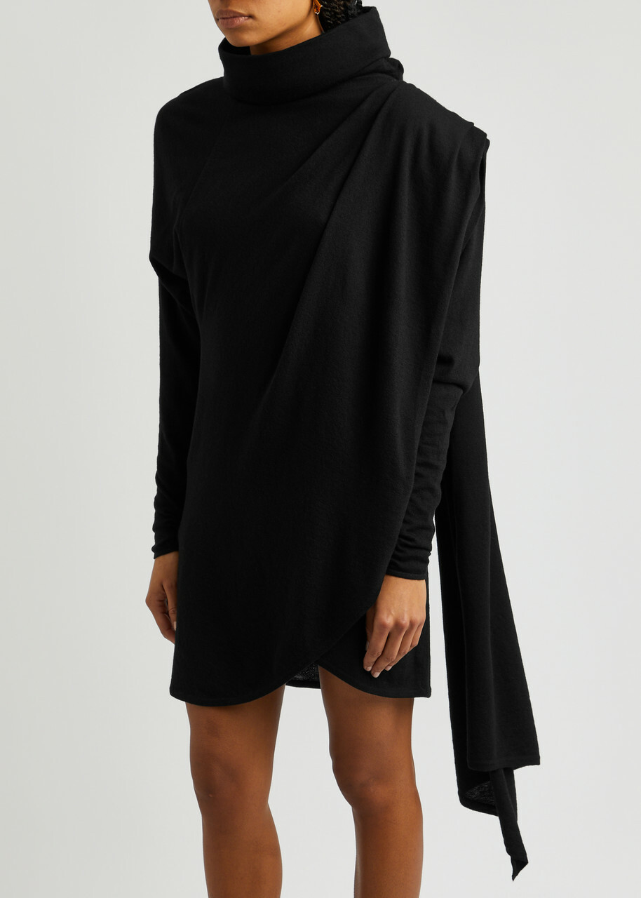 Saint Laurent Women's Black Draped Hooded Wool Mini Dress Size (UK8-10/S), Cape-Effect & High-Neck