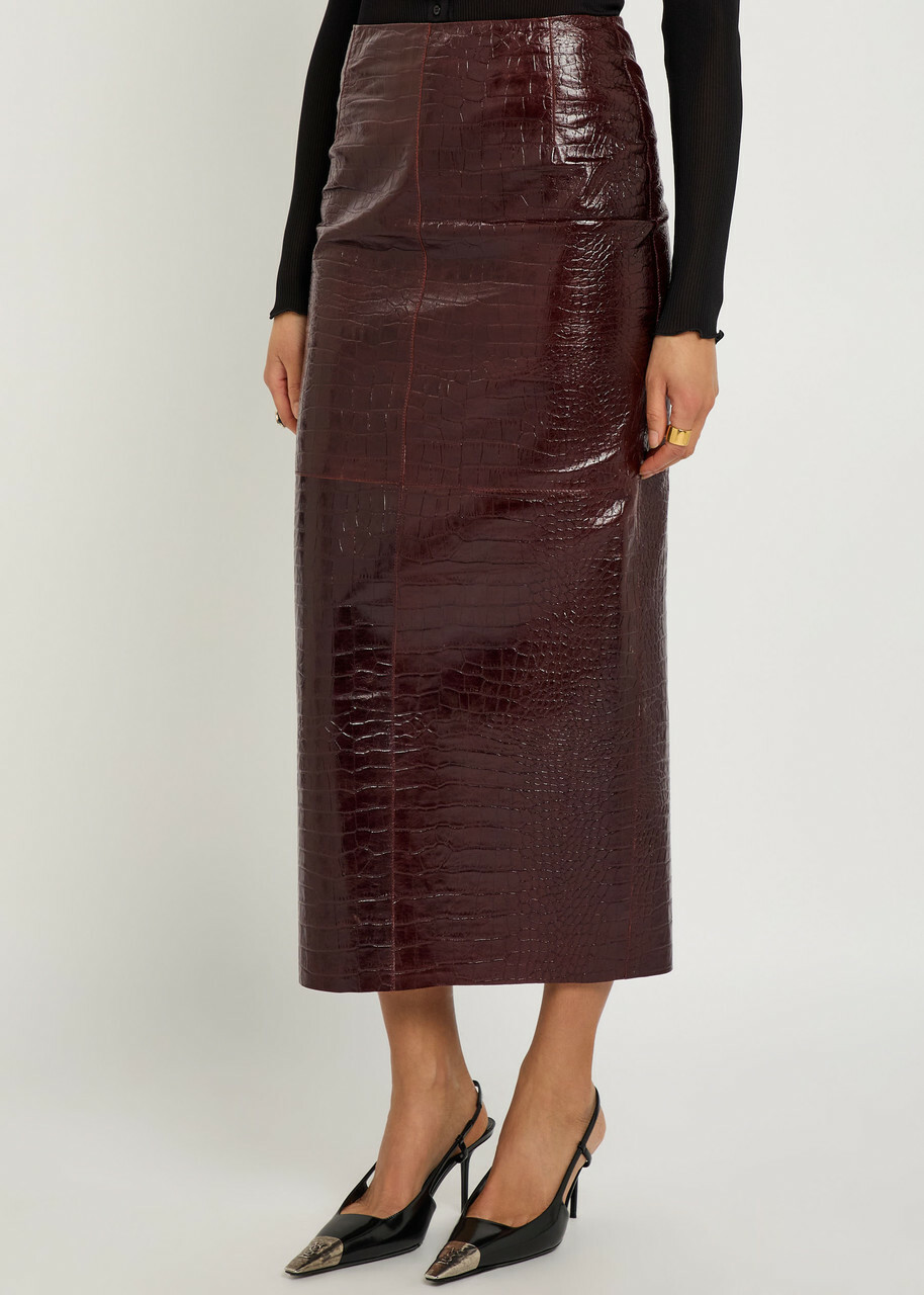 Nour Hammour Elyse Crocodile-effect Leather Midi Skirt Black