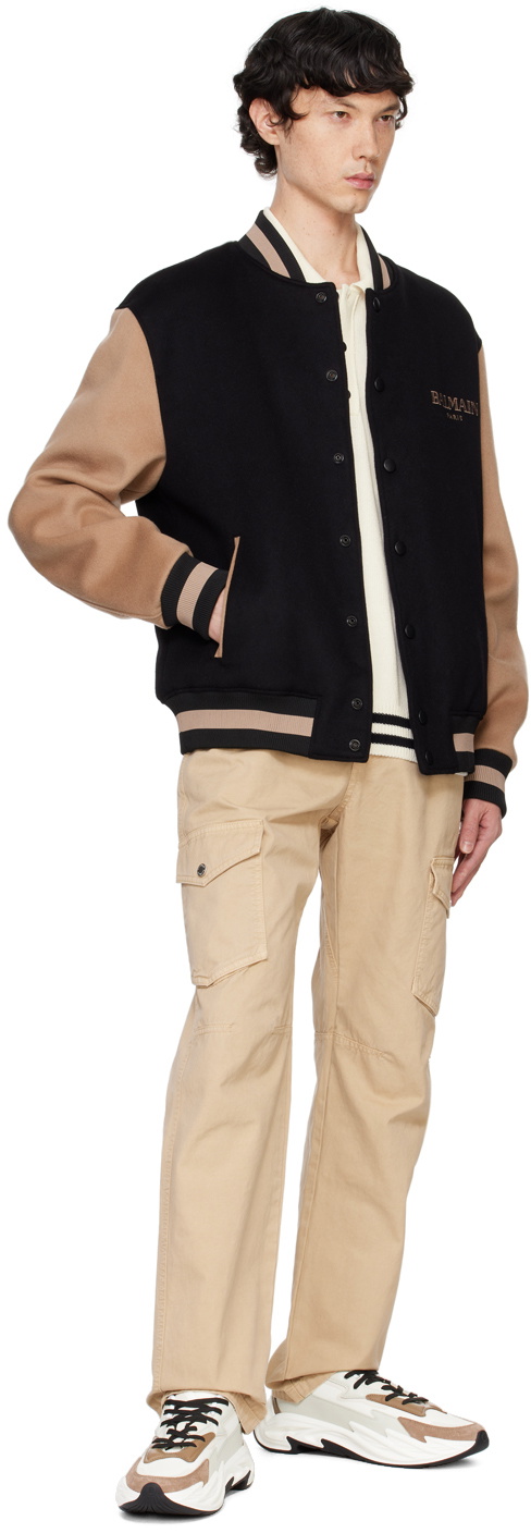 Balmain Black & Tan Two-Tone Varsity Bomber Jacket