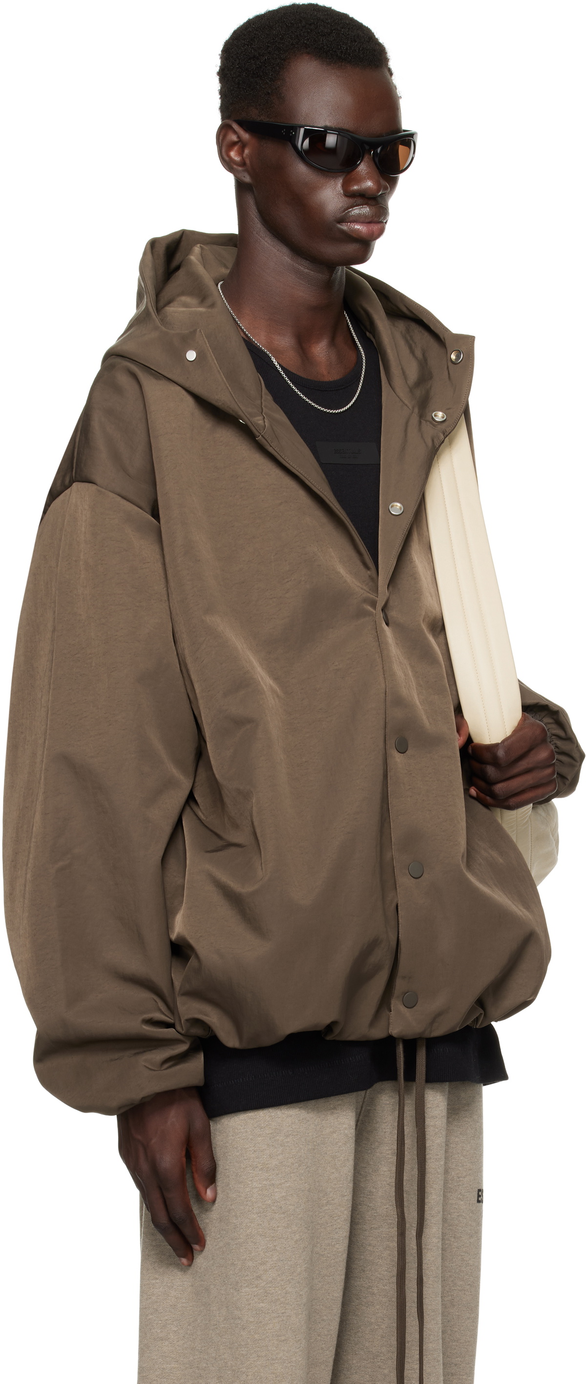 Fear of God ESSENTIALS Brown Textured Nylon Hooded Coaches Jacket
