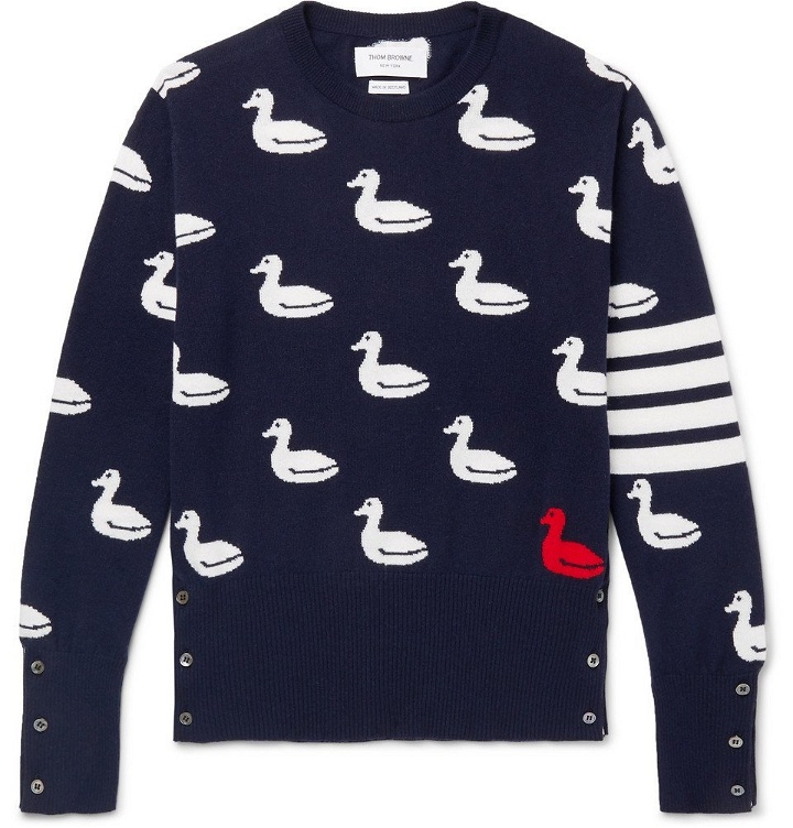 Photo: Thom Browne - Slim-Fit Intarsia Cashmere and Cotton-Blend Sweater - Navy