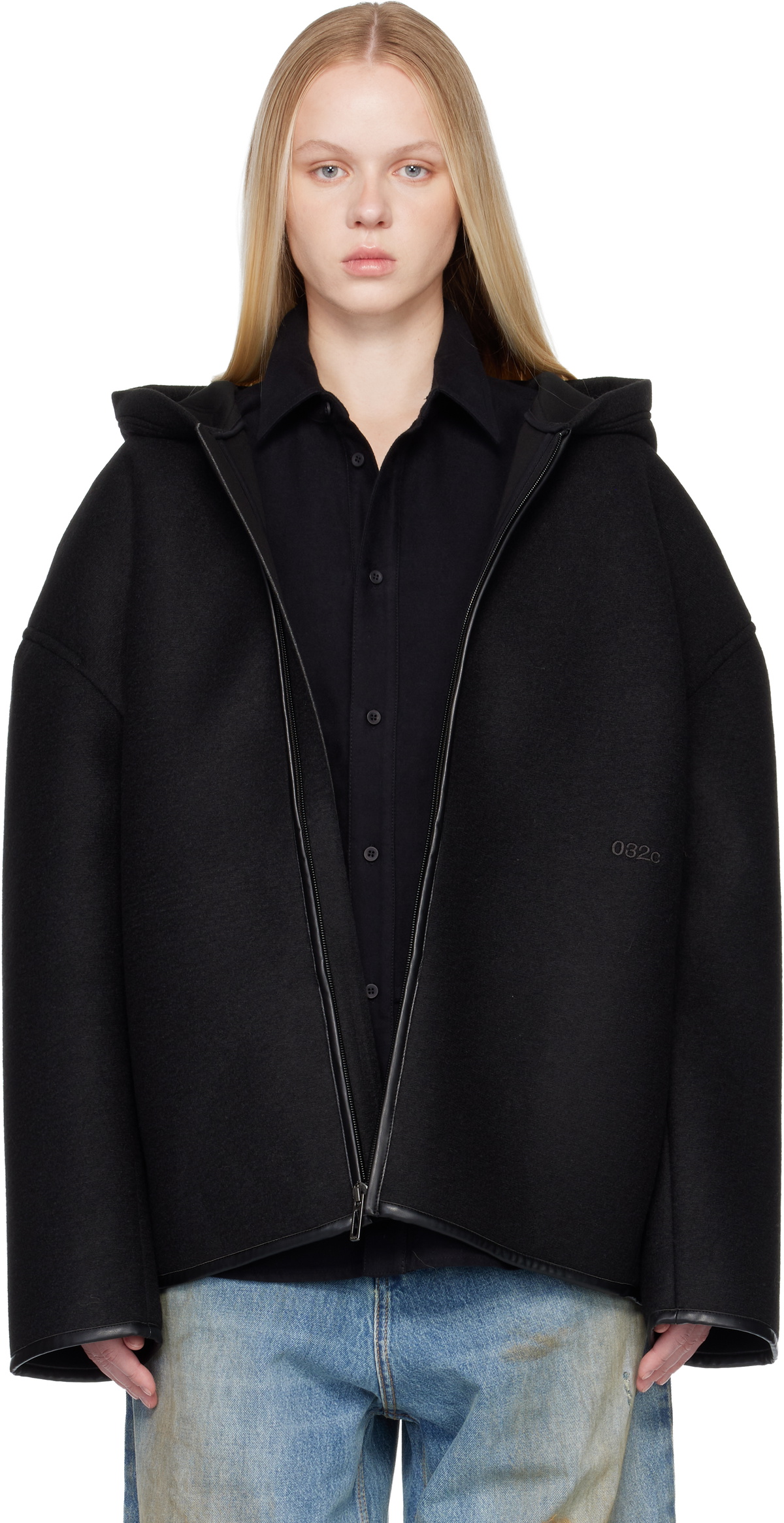 032c Black Neoprene Zip Up Hooded Jacket