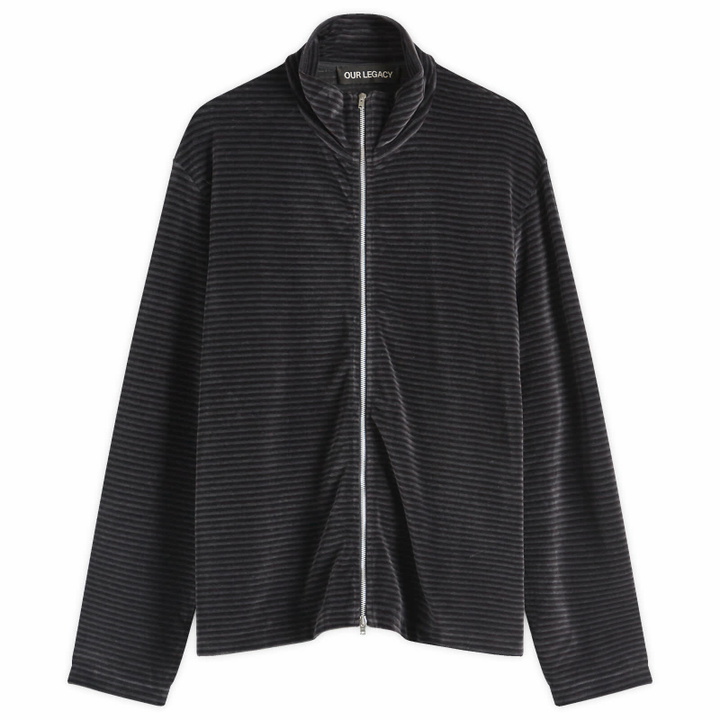 Photo: Our Legacy Men's Shrunken Fullzip Polo in Phantom Stripe Velour
