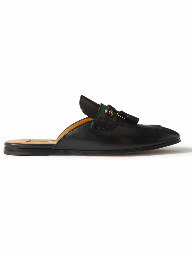 Photo: GUCCI - Webbing-Trimmed Leather Tasselled Backless Loafers - Black