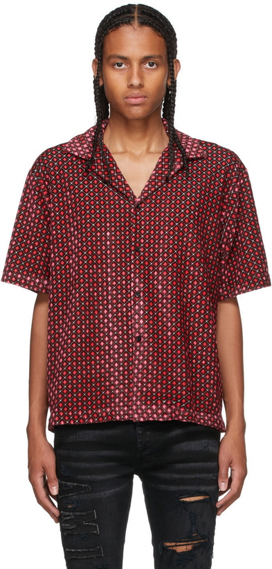 Photo: AMIRI Pink & Black Velour Retro Short Sleeve Shirt