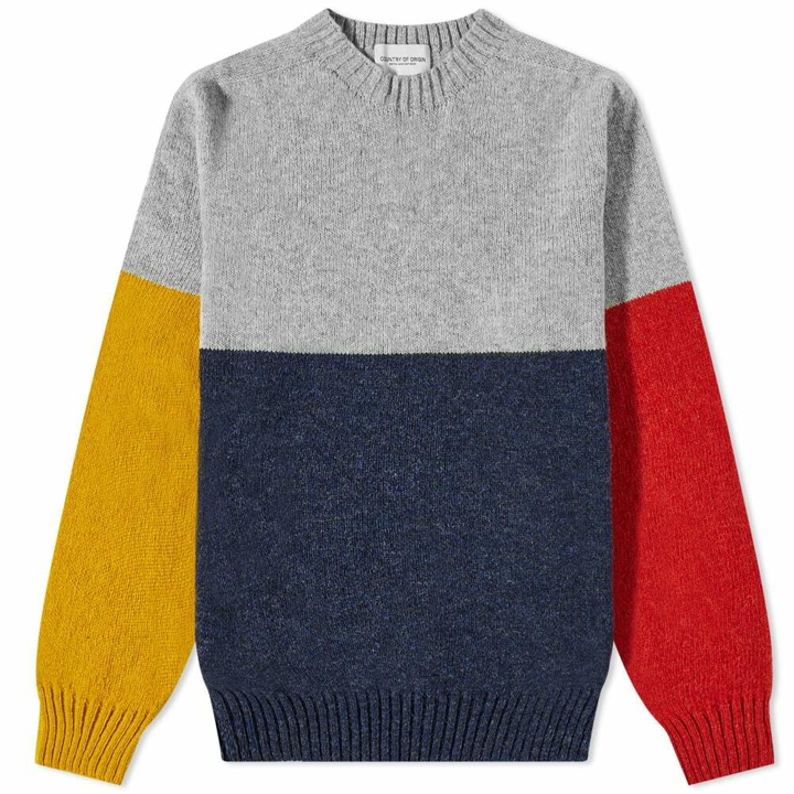 Photo: Country Of Origin Men's Supersoft Seamless Colour Block Crew Knit in Vintage Heather/Tundra/Silver/Brandy