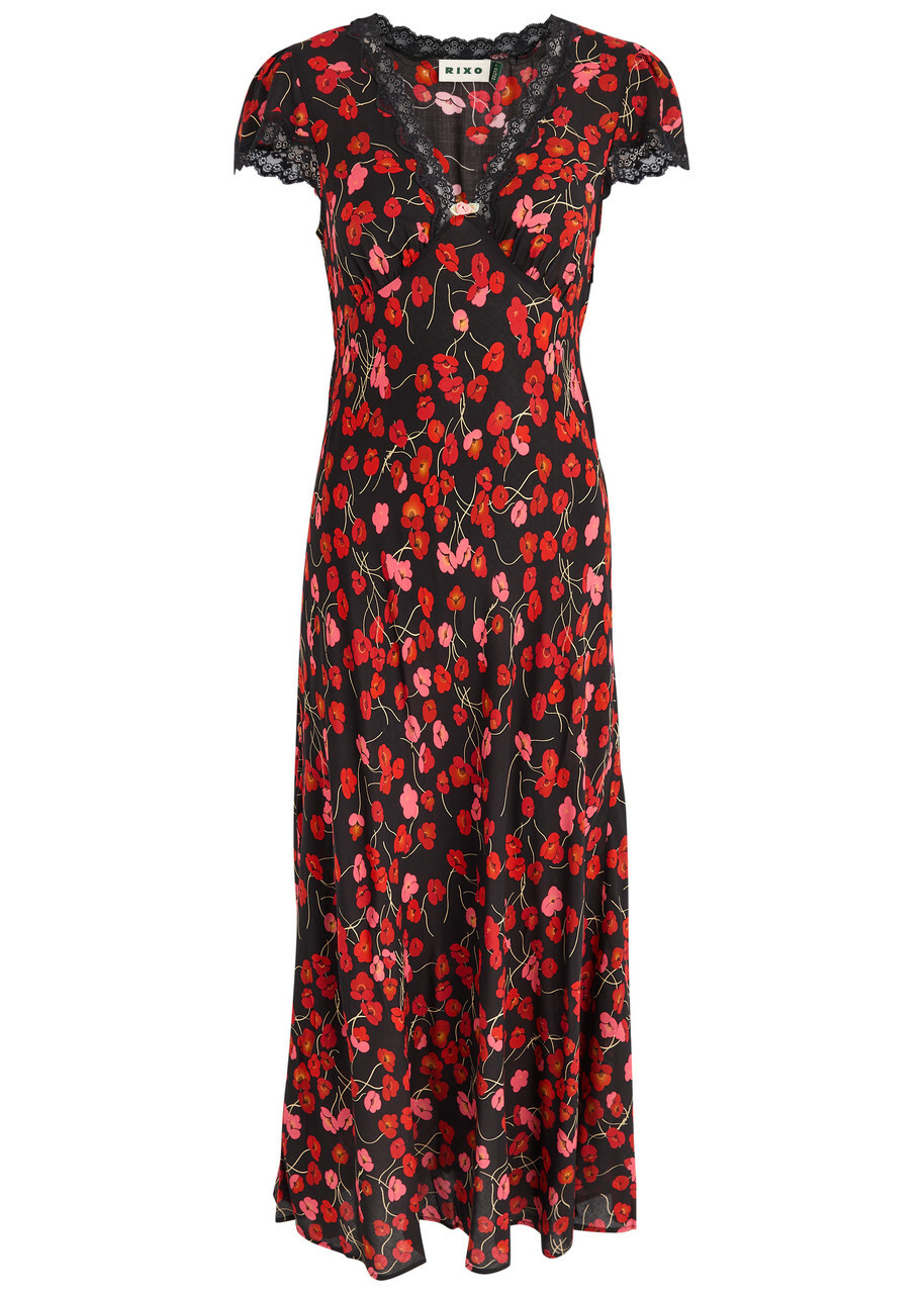 Rixo Clarice Floral-print Lace-trimmed Midi Dress Red Rixo