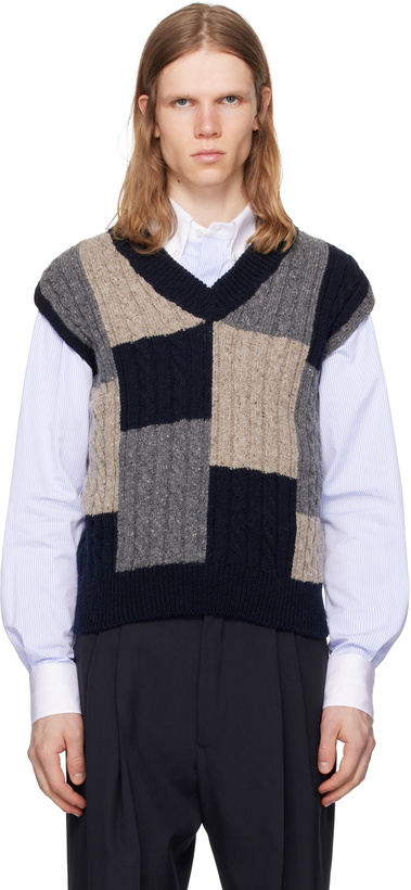 Photo: Thom Browne Multicolor Patchwork Baby Cable Intarsia V Neck Vest